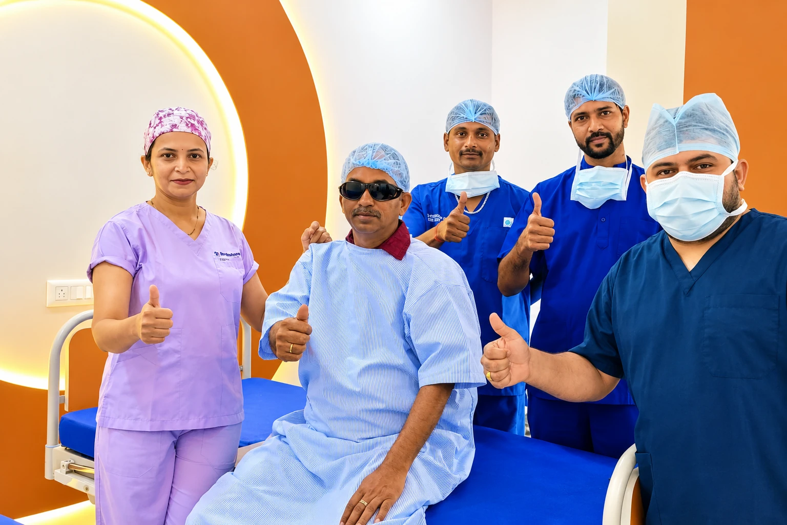 Dr. Roopashree C R and surgical team celebrating with post-op cataract patient at Nethradharini
